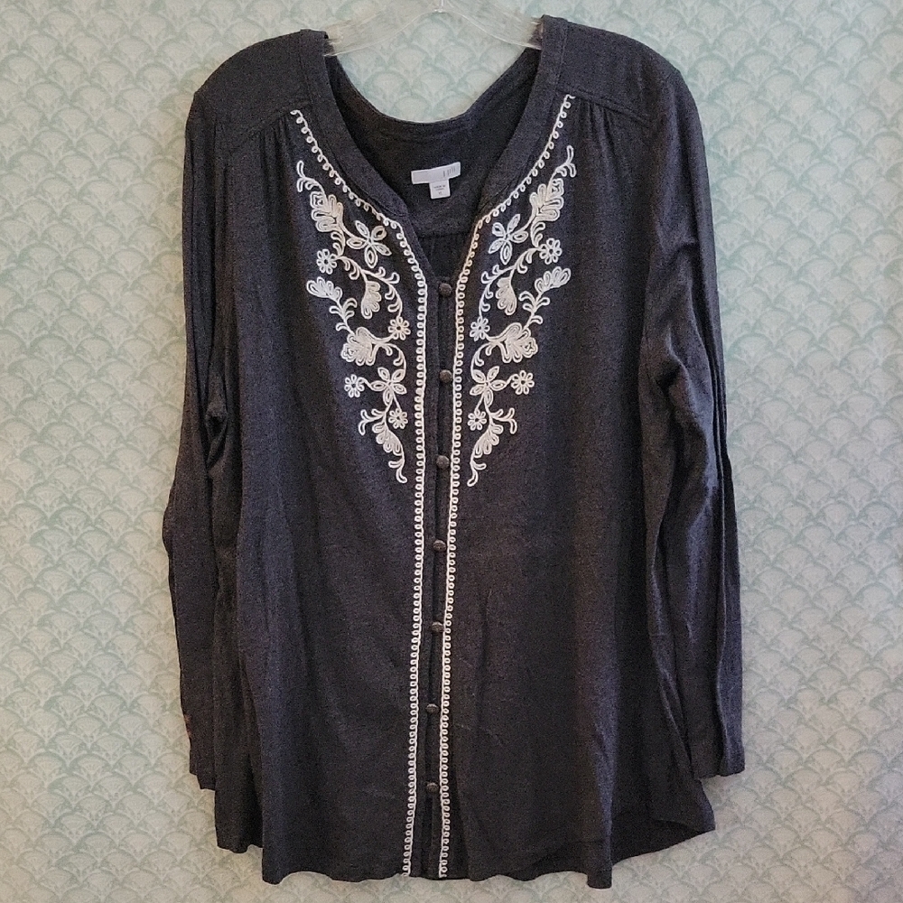 J. Jill Charcoal Embroidered Long Sleeve Top Size XL
